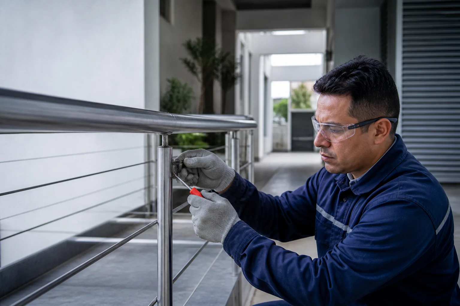 Técnico realizando ajustes en un barandal metálico