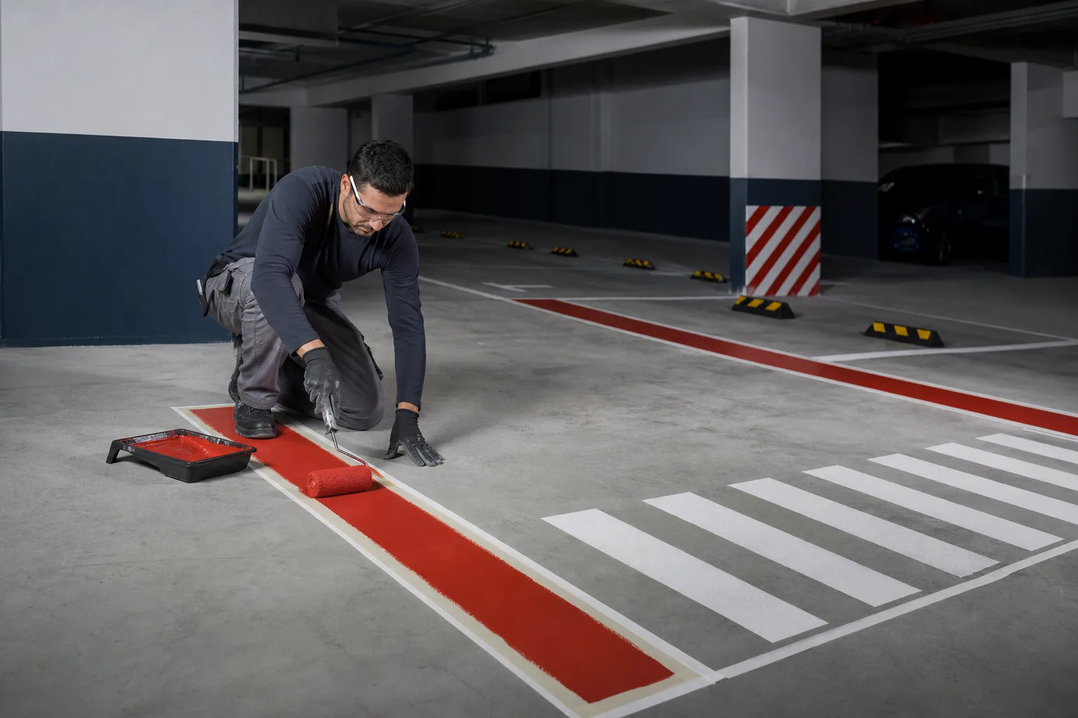 Aplicación profesional de pintura y señalización en estacionamiento