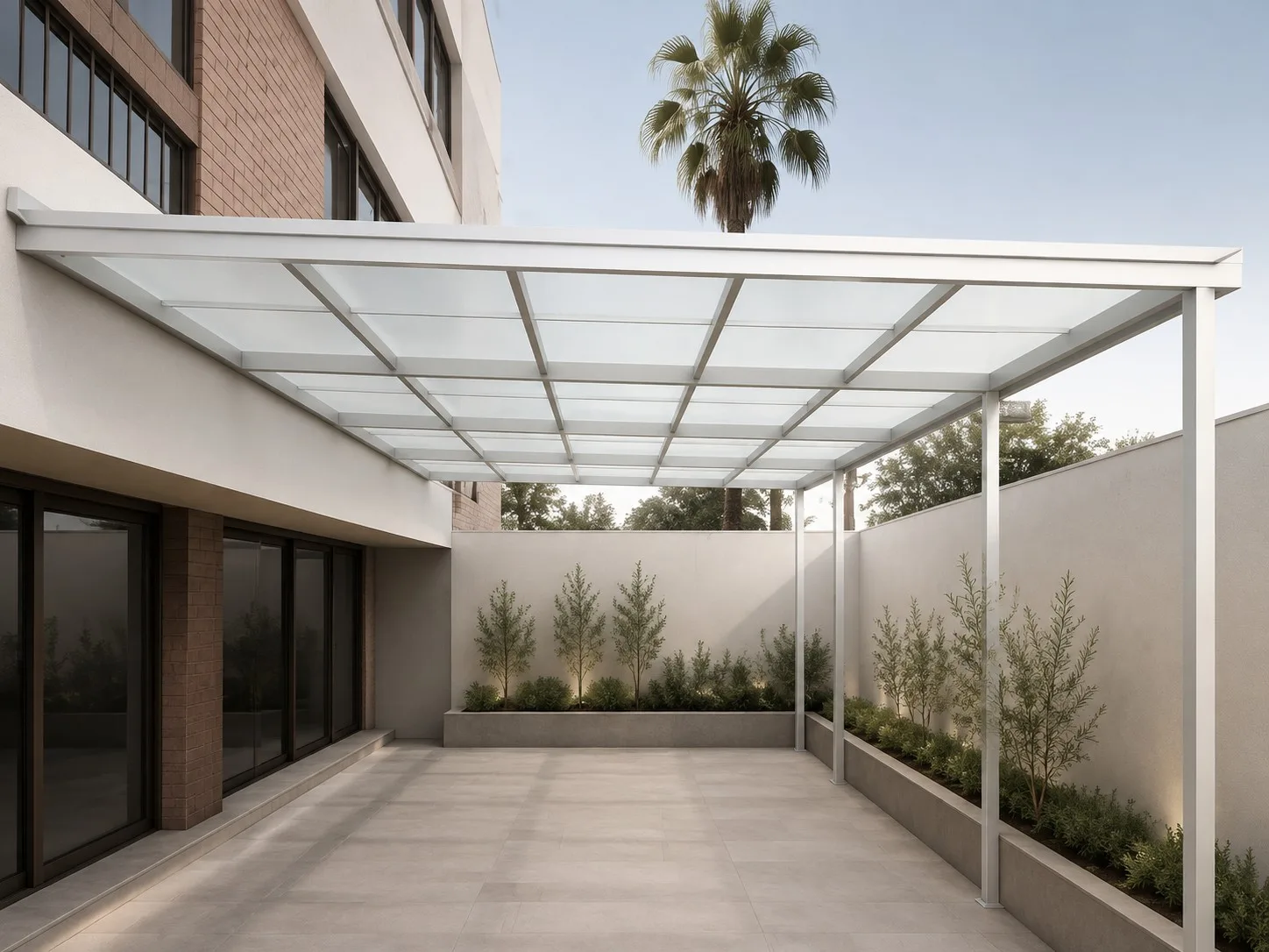 Visualización conceptual de una cubierta metálica para patio